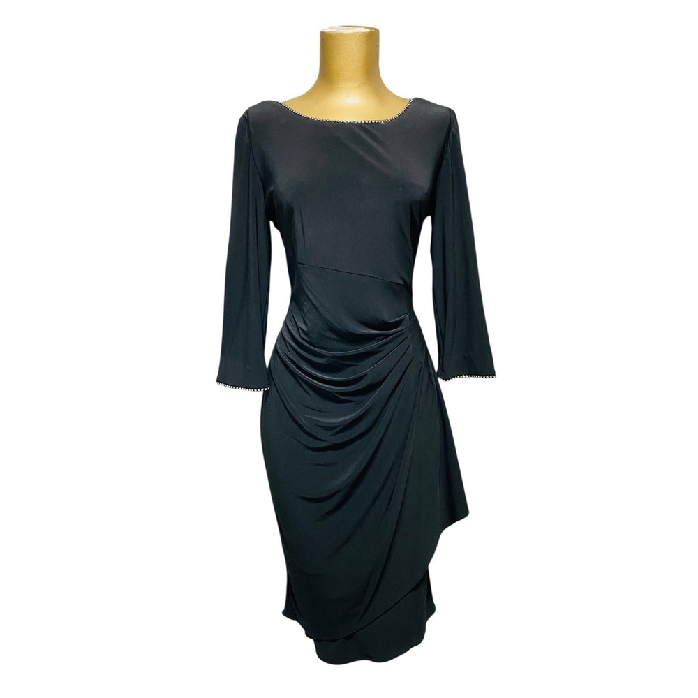ALEX Evening Black Ruffle Sheath Contour Dress Rhinestone Detail Women's Size 6